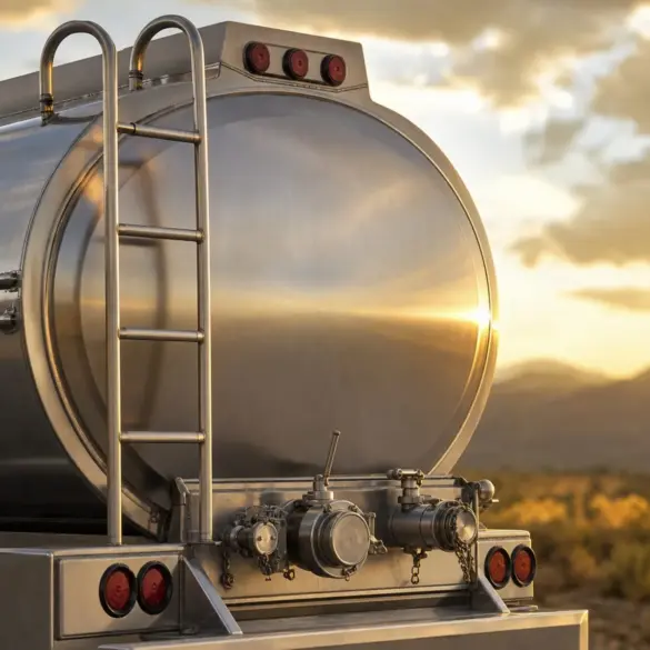 Traseira de caminhão-tanque de combustível em close, ao entardecer