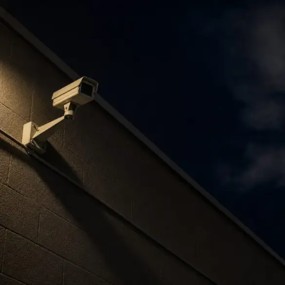 Câmera de segurança instalada na parede externa de um estabelecimento à noite