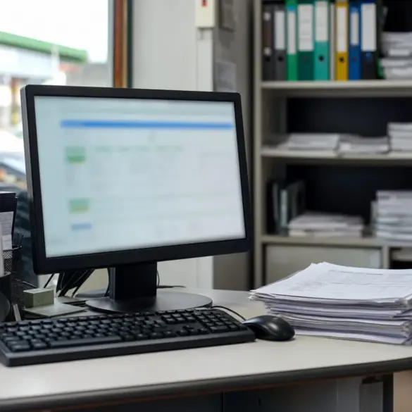 Tela de sistema de gestão no escritório de um posto, com teclado e mouse sobre a mesa