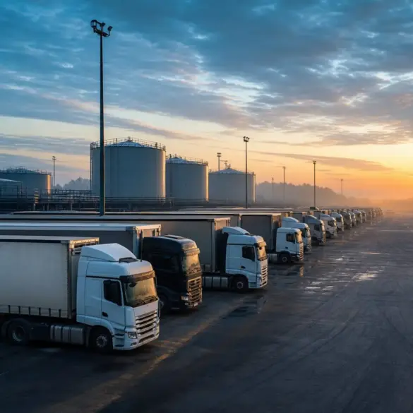 Caminhões de carga em pátio logístico ao amanhecer, com tanques de combustível ao fundo