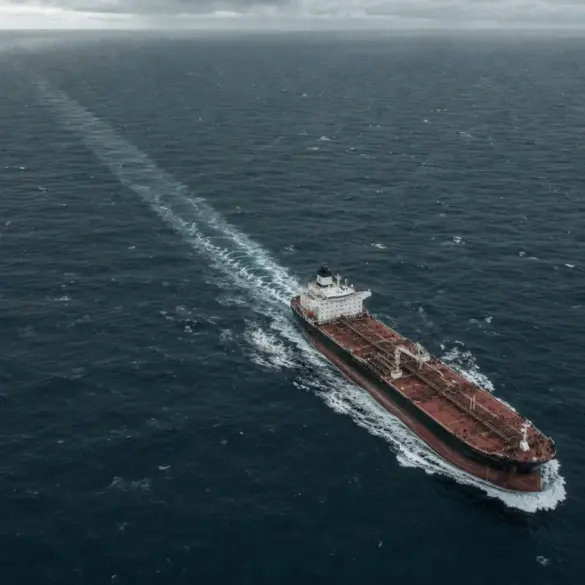 Navio-tanque navegando em mar aberto, visto do alto, deixando rastro na água