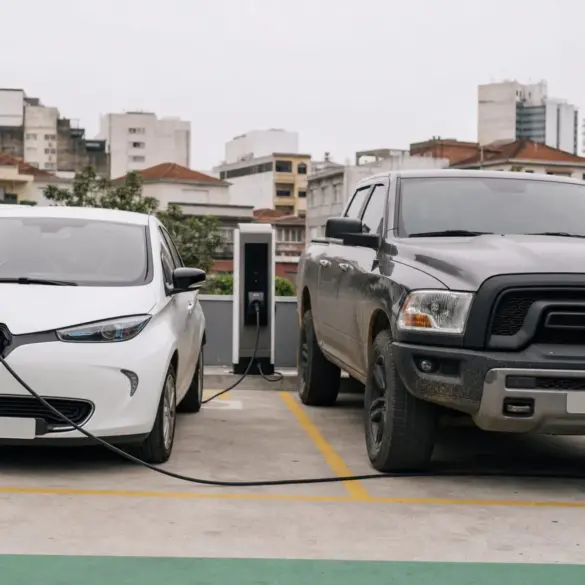 Carro elétrico compacto conectado a um carregador ao lado de uma picape em estacionamento urbano