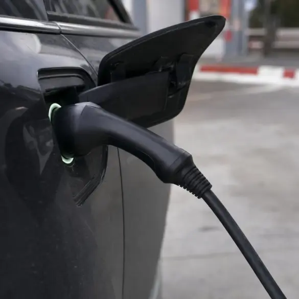 Cabo de recarga conectado à tomada de um carro elétrico em close