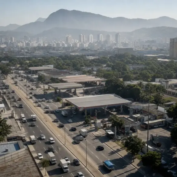 Vista aérea de avenida urbana do Rio de Janeiro com postos de combustíveis ao longo da via