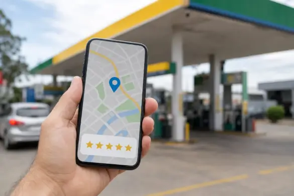 Celular com avaliação em estrelas diante de posto de combustíveis