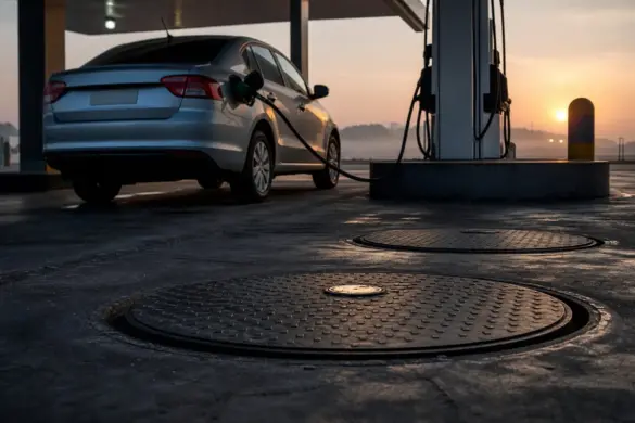 Carro abastecendo ao amanhecer com tampas dos tanques subterrâneos do posto em primeiro plano