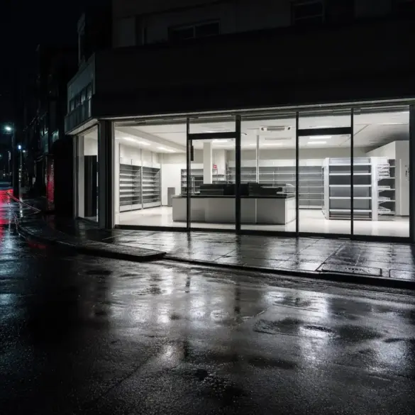 Interior de loja de conveniência vazia durante a madrugada, vista da rua