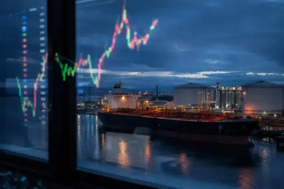 Navio petroleiro em terminal portuário de combustíveis ao anoitecer
