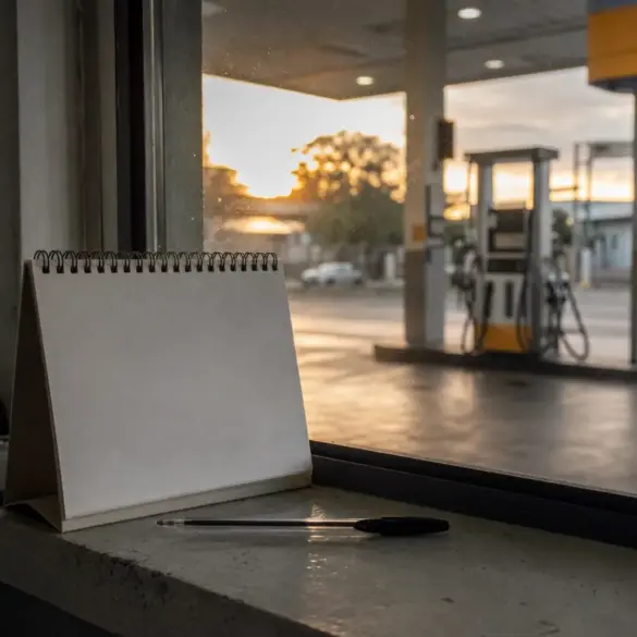 Calendário de mesa em branco ao lado de bomba de combustível desfocada, ao fim da tarde