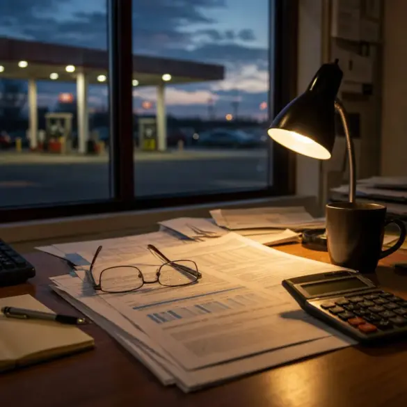 Documentos financeiros e calculadora sobre mesa com pista de posto de combustíveis ao fundo