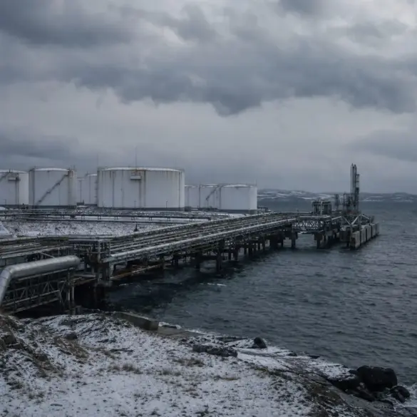 Terminal de combustíveis com tanques de armazenagem e dutos sob céu de inverno nublado