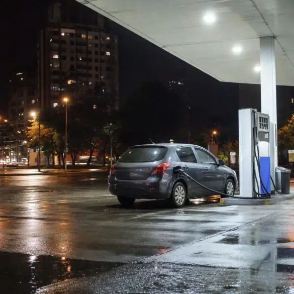 Posto de combustível iluminado à noite, com um carro parado junto à bomba e pista vazia