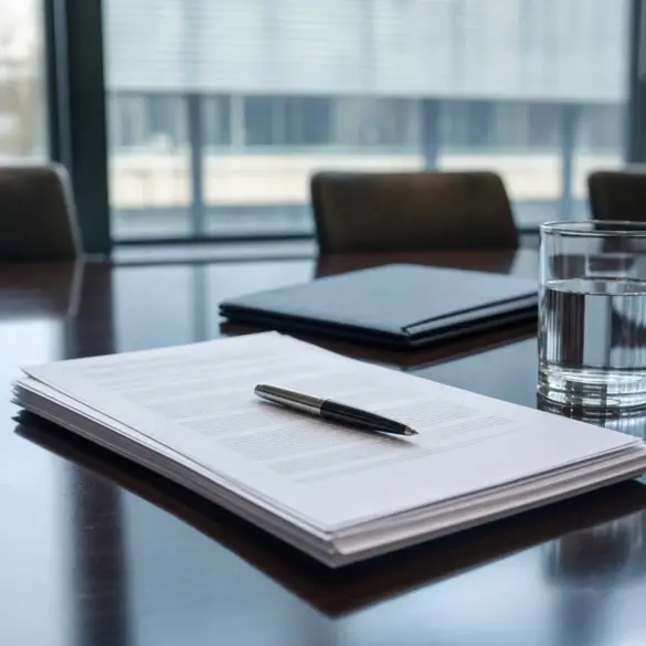 Contrato impresso e caneta sobre a mesa de reunião de uma empresa do setor de combustíveis